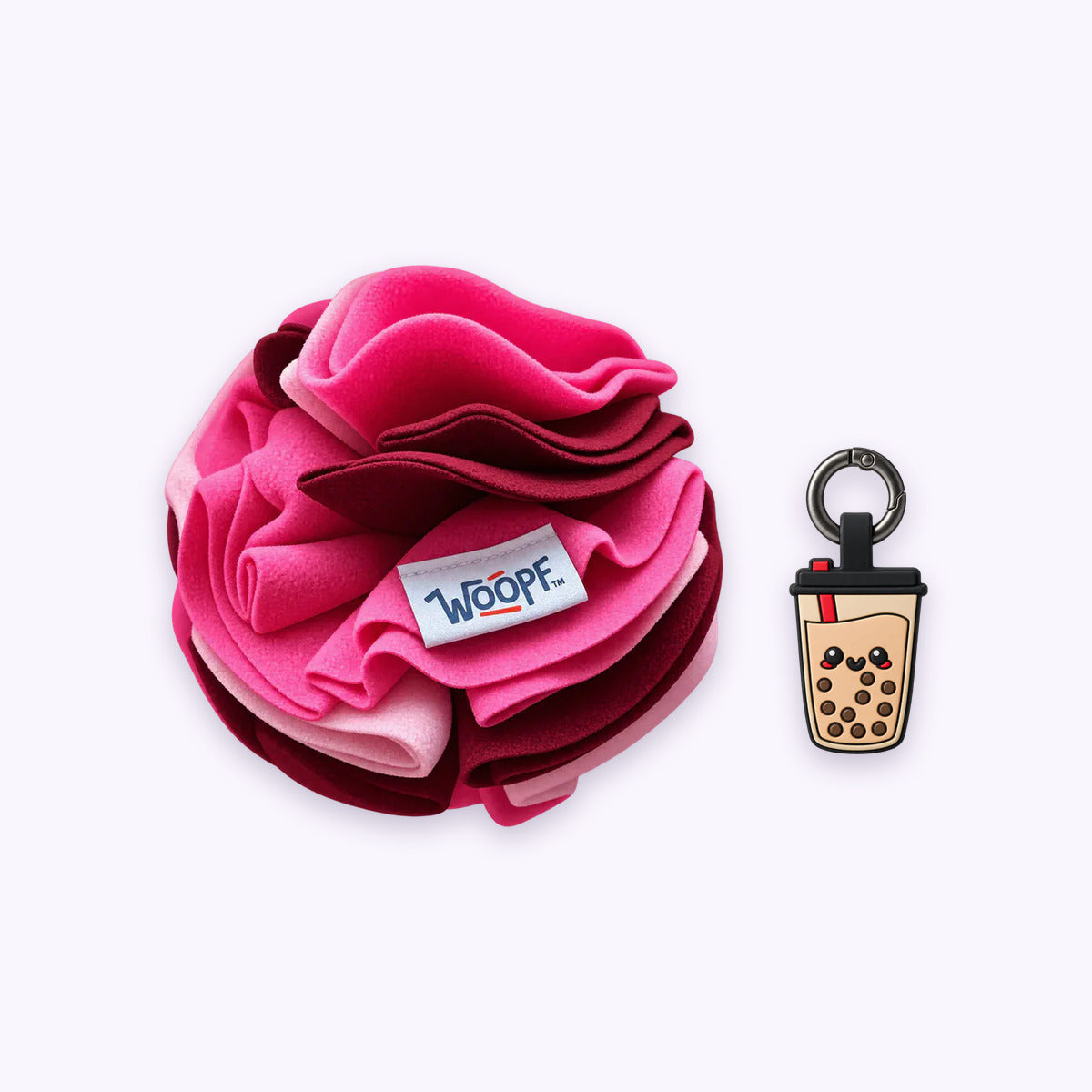 Pink | Tag & Sniff Bundle: The Pink Snuffle Ball with the Boba Smart ID Tag on a pale lavender background