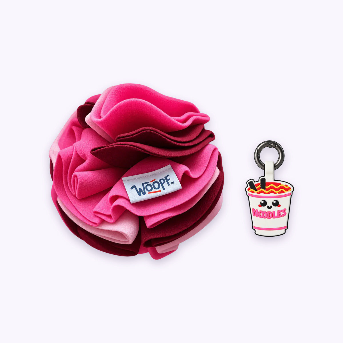 Pink | Tag & Sniff Bundle: The Pink Snuffle Ball with the Ramen Smart ID Tag on a pale lavender background
