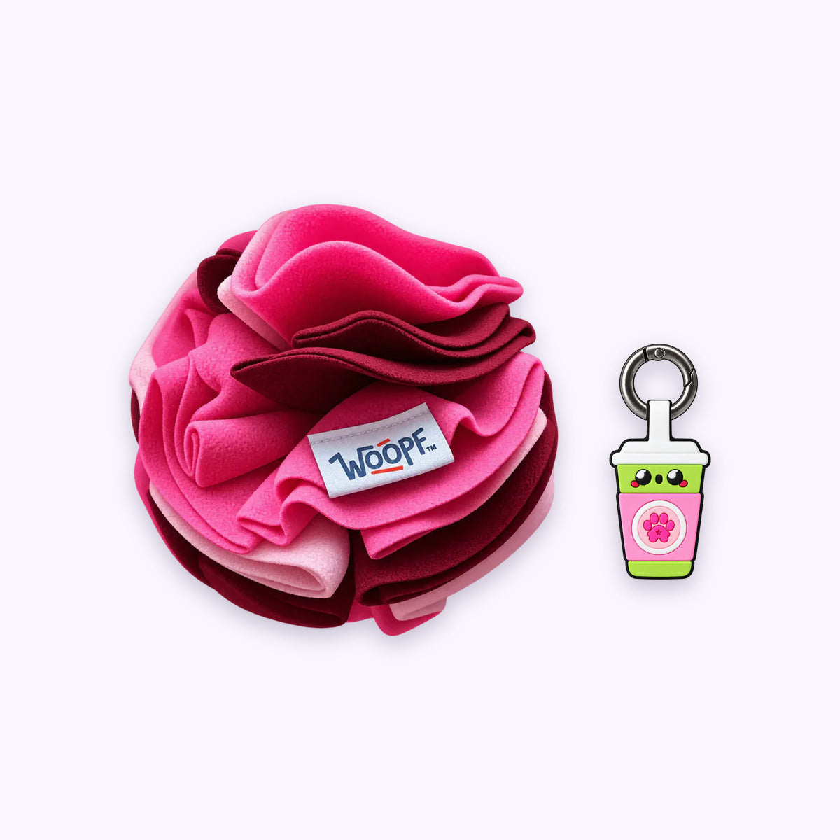 Pink | Tag & Sniff Bundle: The Pink Snuffle Ball with the Sakura Matcha Smart ID Tag on a pale lavender background