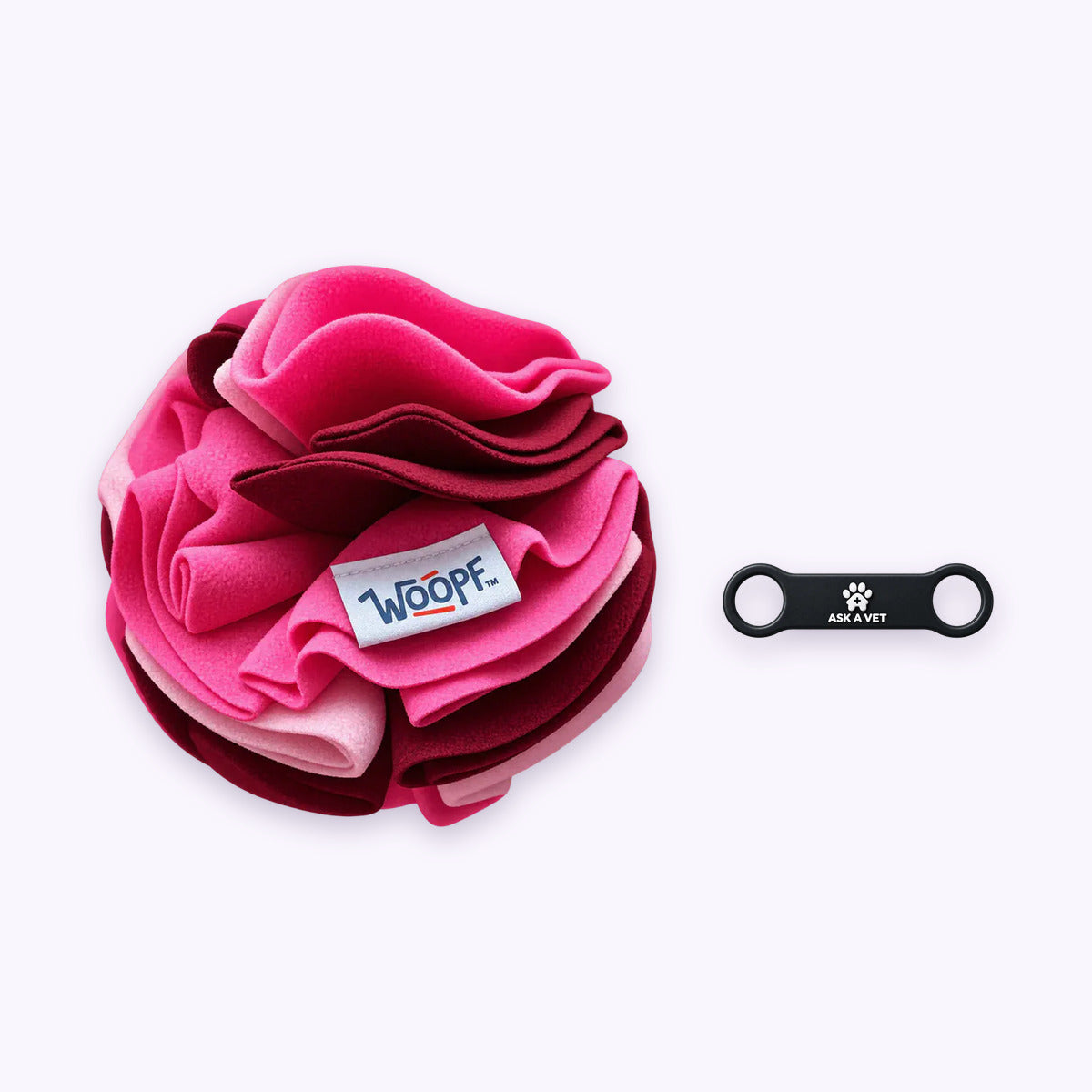 Pink | Tag & Sniff Bundle: The Pink Snuffle Ball with the Slide-On Smart ID Tag on a pale lavender background
