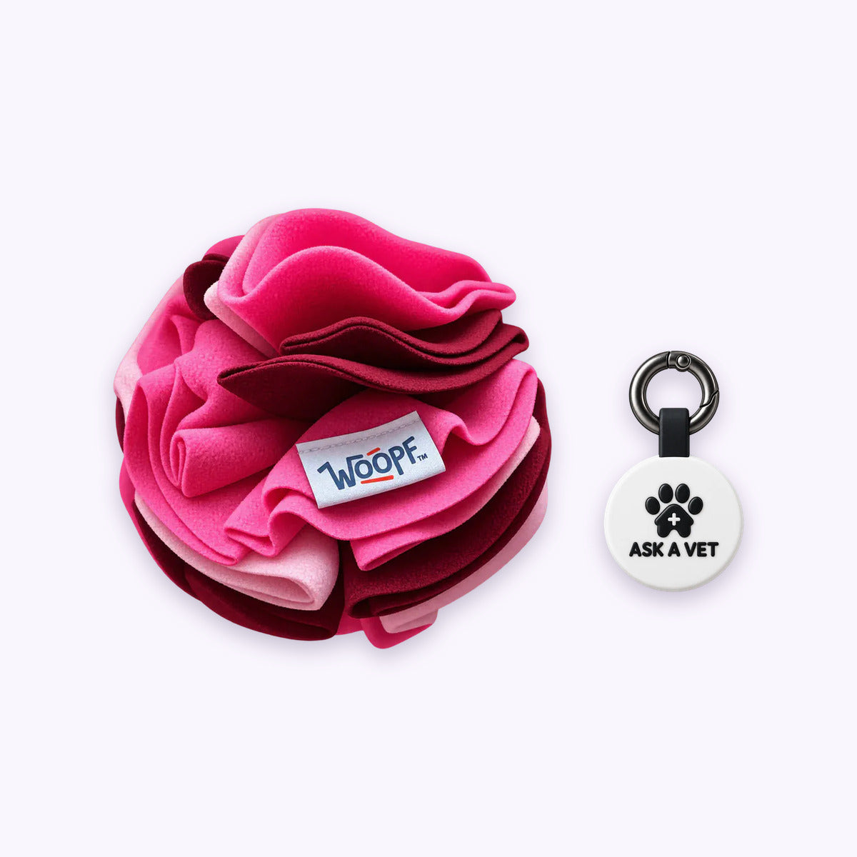 Pink | Tag & Sniff Bundle: The Pink Snuffle Ball with the White Smart ID Tag on a pale lavender background