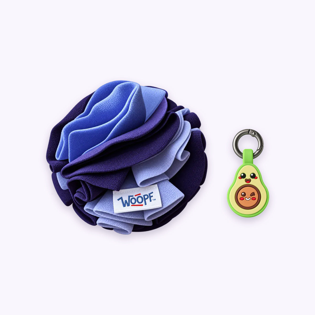 Purple | Tag & Sniff Bundle: The Purple Snuffle Ball with the Avocado Smart ID Tag on a pale lavender background