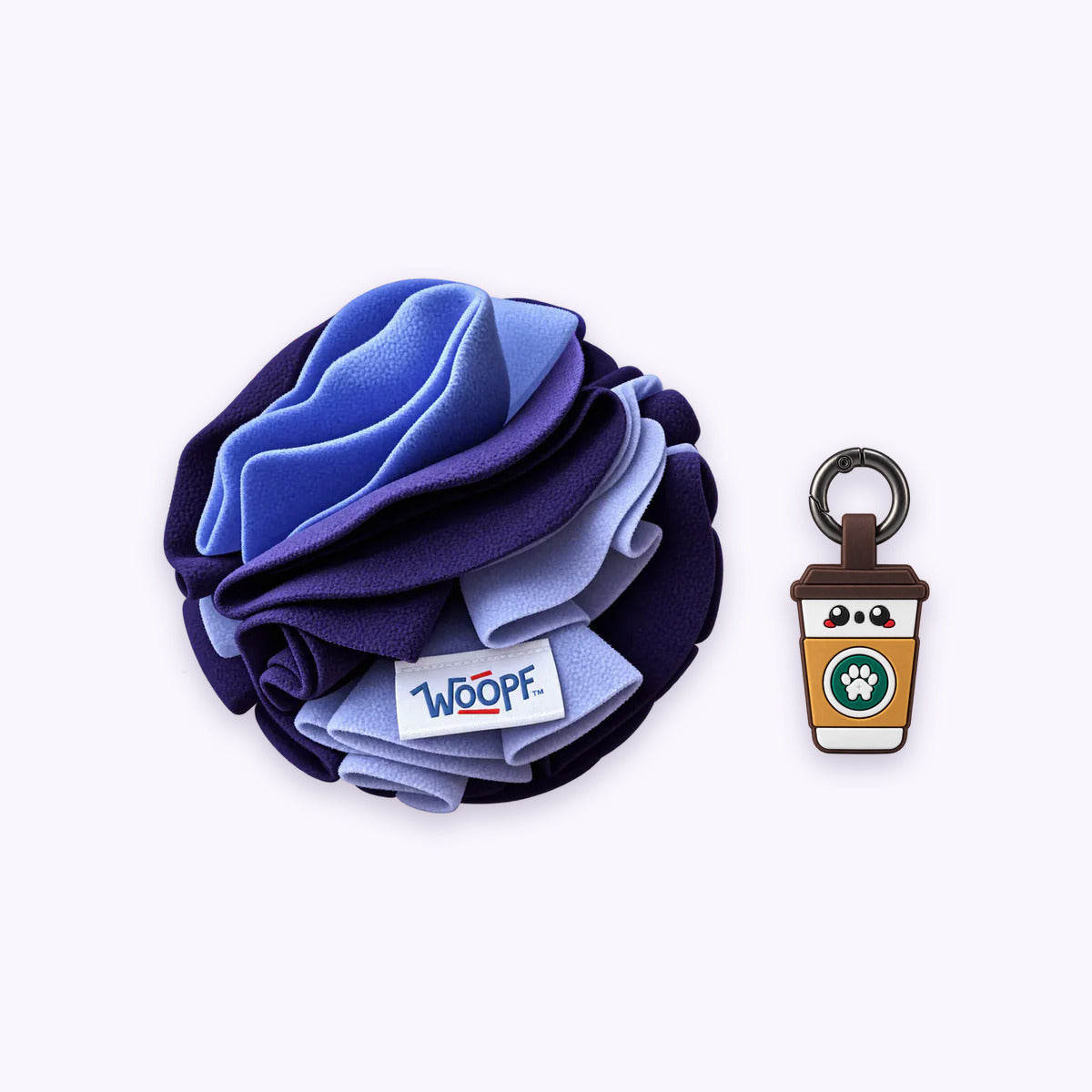 Purple | Tag & Sniff Bundle: The Purple Snuffle Ball with the Coffee Smart ID Tag on a pale lavender background
