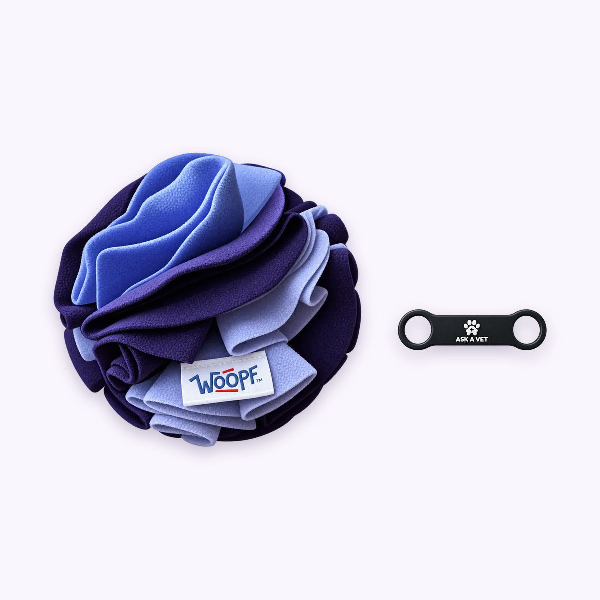 Purple | Tag & Sniff Bundle: The Purple Snuffle Ball with the Slide-On Smart ID Tag on a pale lavender background