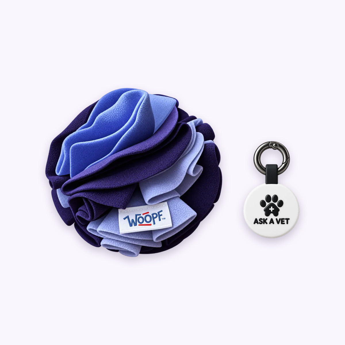 Purple | Tag & Sniff Bundle: The Purple Snuffle Ball with the White Smart ID Tag on a pale lavender background