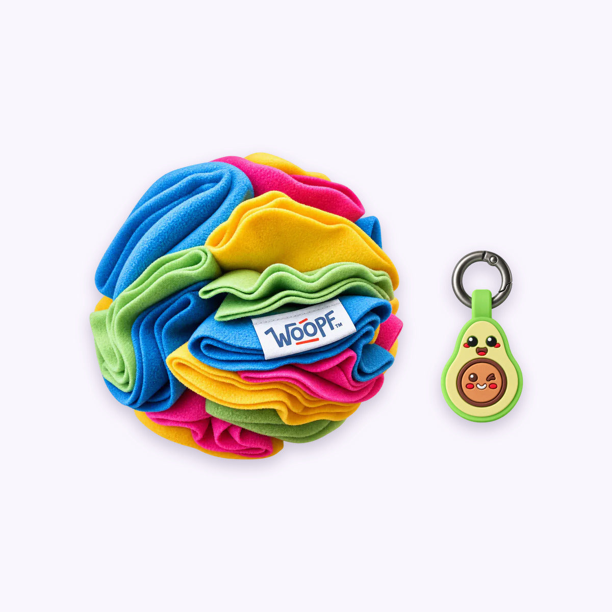 Tag & Sniff Bundle: The Rainbow Snuffle Ball with the Avocado Smart ID Tag on a pale lavender background
