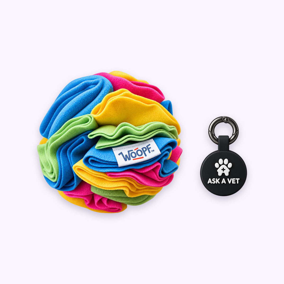 Rainbow | Tag & Sniff Bundle: The Rainbow Snuffle Ball with the Black Smart ID Tag on a pale lavender background