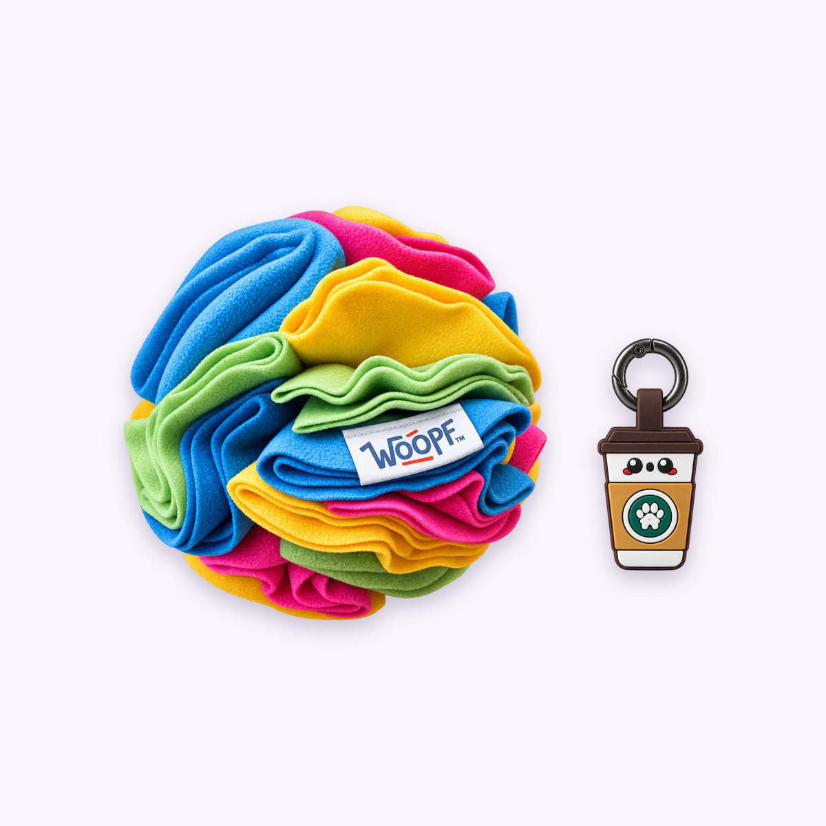 Rainbow | Tag & Sniff Bundle: The Rainbow Snuffle Ball with the Coffee Smart ID Tag on a pale lavender background