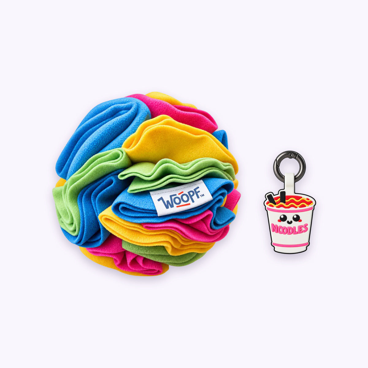 Rainbow | Tag & Sniff Bundle: The Rainbow Snuffle Ball with the Ramen Smart ID Tag on a pale lavender background