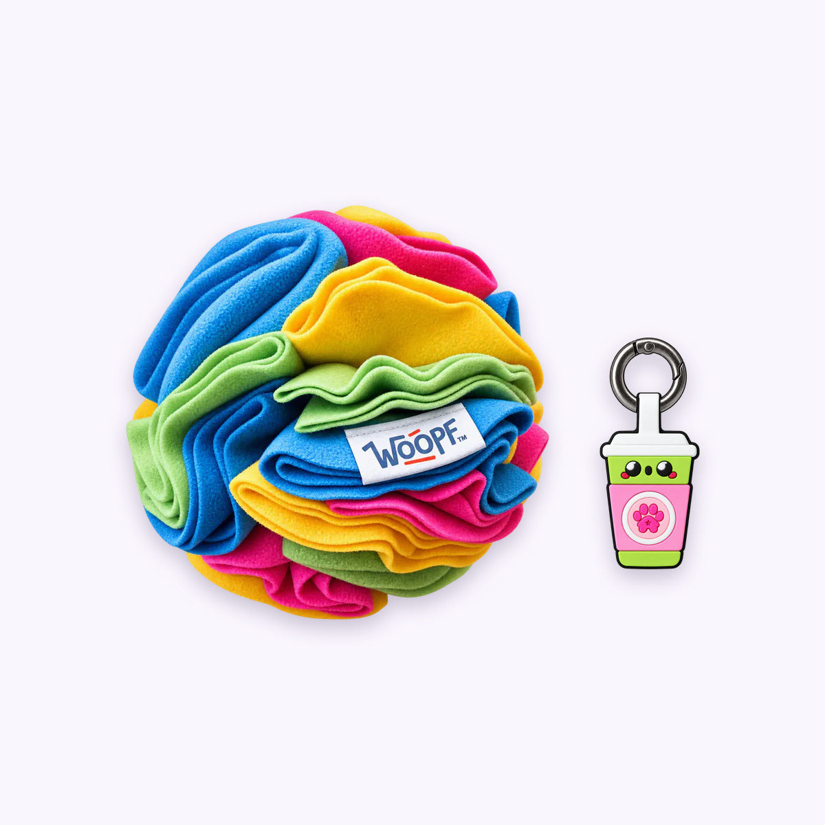 Rainbow | Tag & Sniff Bundle: The Rainbow Snuffle Ball with the Sakura Matcha Smart ID Tag on a pale lavender background