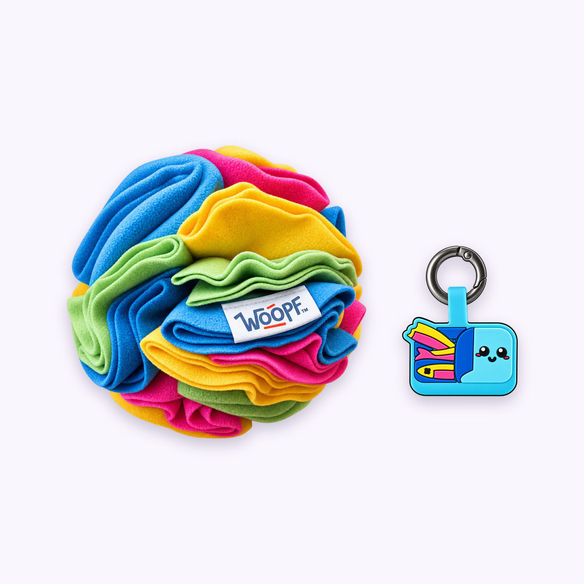 Rainbow | Tag & Sniff Bundle: The Rainbow Snuffle Ball with the Sardines Smart ID Tag on a pale lavender background