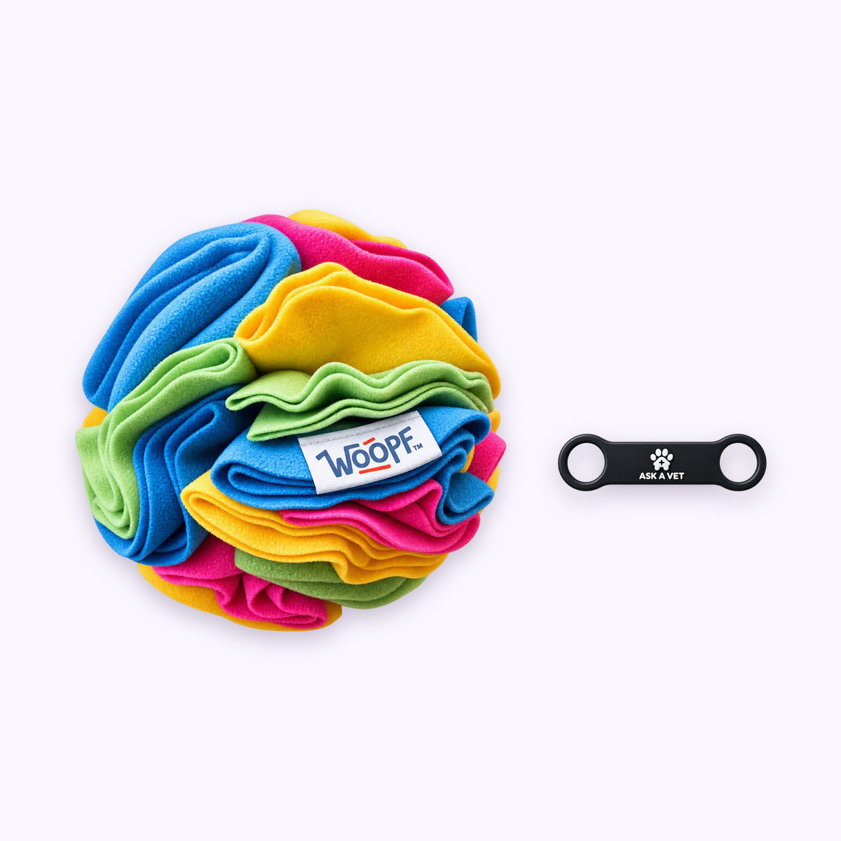 Rainbow | Tag & Sniff Bundle: The Rainbow Snuffle Ball with the Slide-On Smart ID Tag on a pale lavender background