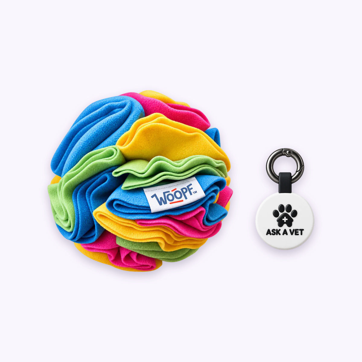 Rainbow | Tag & Sniff Bundle: The Rainbow Snuffle Ball with the White Smart ID Tag on a pale lavender background