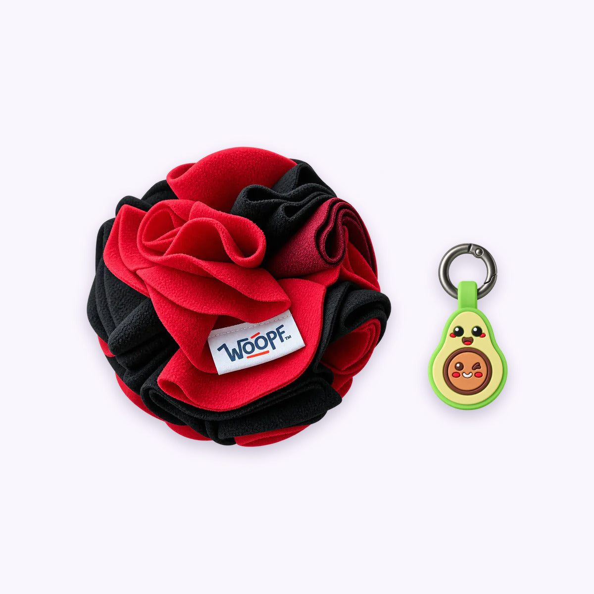 Tag & Sniff Bundle: The Red Snuffle Ball with the Avocado Smart ID Tag on a pale lavender background