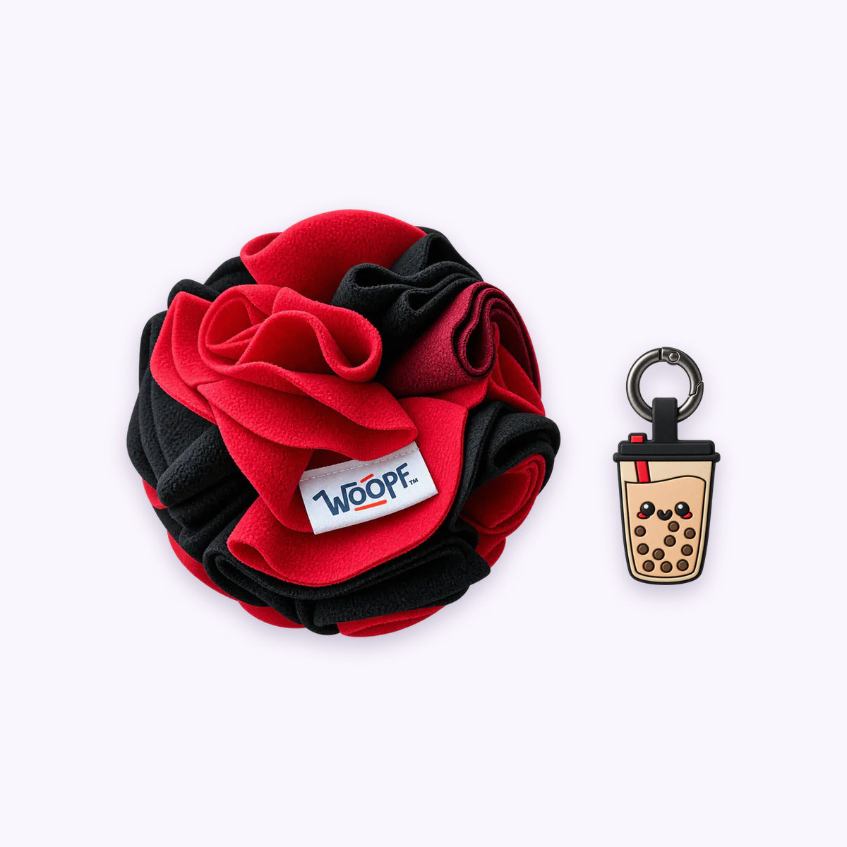 Red | Tag & Sniff Bundle: The Red Snuffle Ball with the Boba Smart ID Tag on a pale lavender background