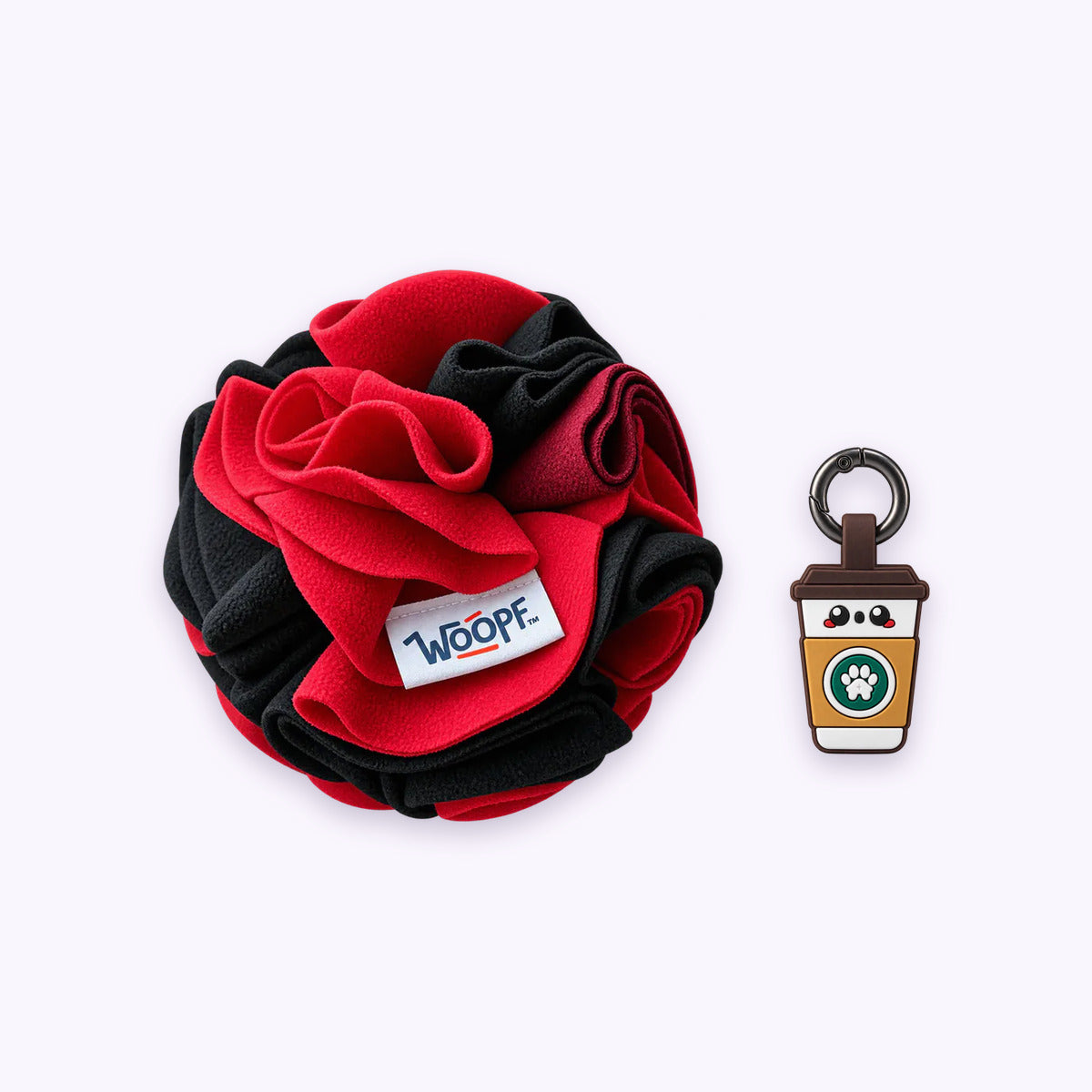 Red | Tag & Sniff Bundle: The Red Snuffle Ball with the Coffee Smart ID Tag on a pale lavender background
