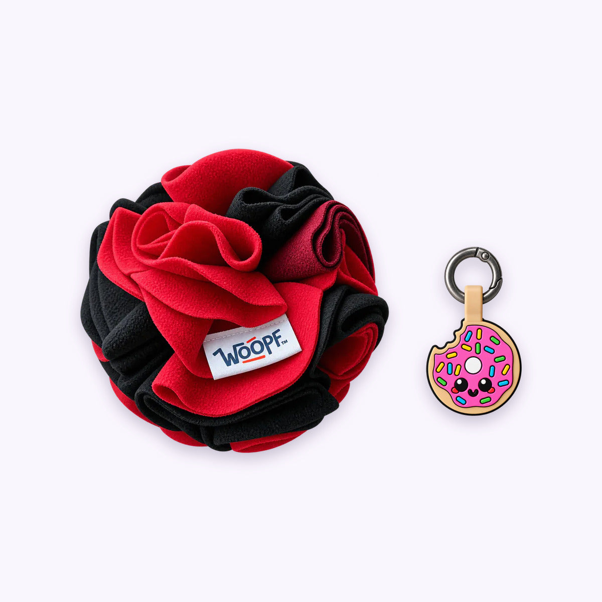 Red | Tag & Sniff Bundle: The Red Snuffle Ball with the Donut Smart ID Tag on a pale lavender background