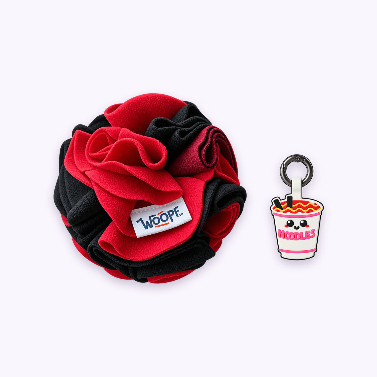 Red | Tag & Sniff Bundle: The Red Snuffle Ball with the Ramen Smart ID Tag on a pale lavender background