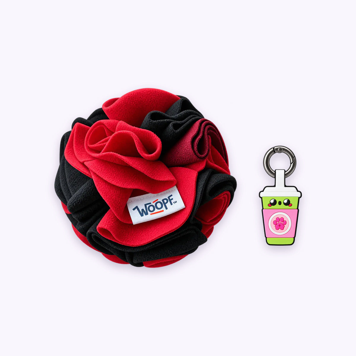 Red | Tag & Sniff Bundle: The Red Snuffle Ball with the Sakura Matcha Smart ID Tag on a pale lavender background