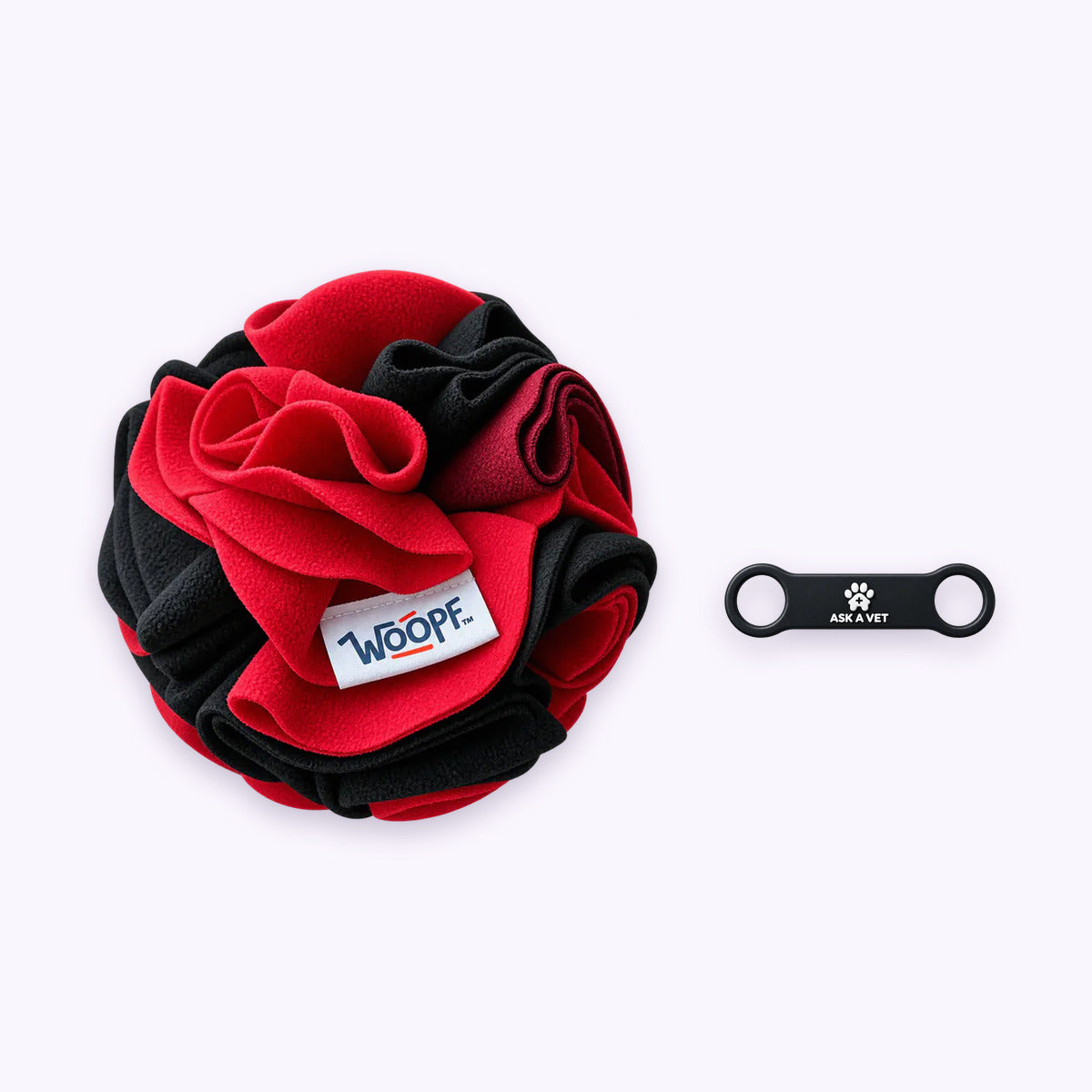 Red | Tag & Sniff Bundle: The Red Snuffle Ball with the Slide-On Smart ID Tag on a pale lavender background