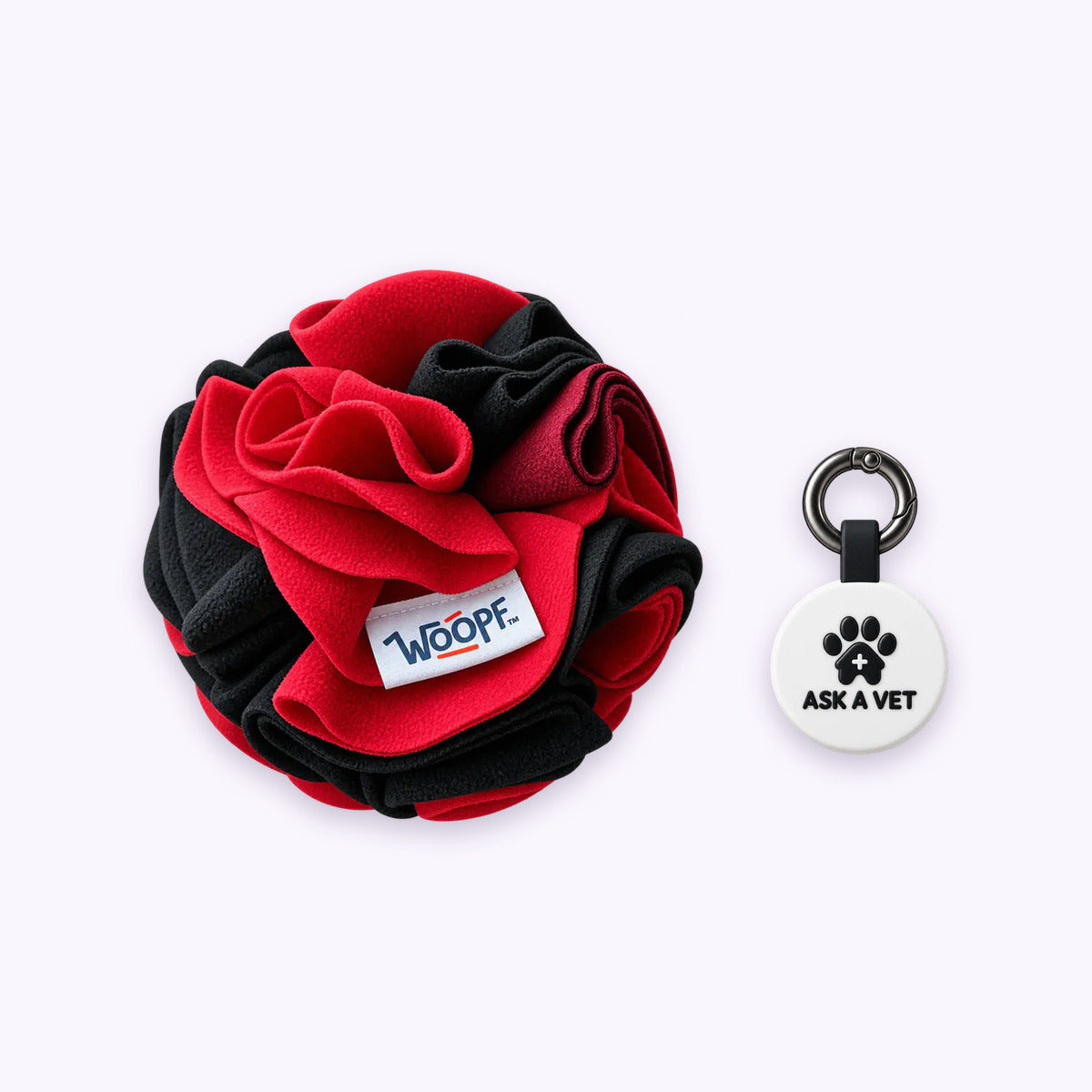 Red | Tag & Sniff Bundle: The Red Snuffle Ball with the White Smart ID Tag on a pale lavender background