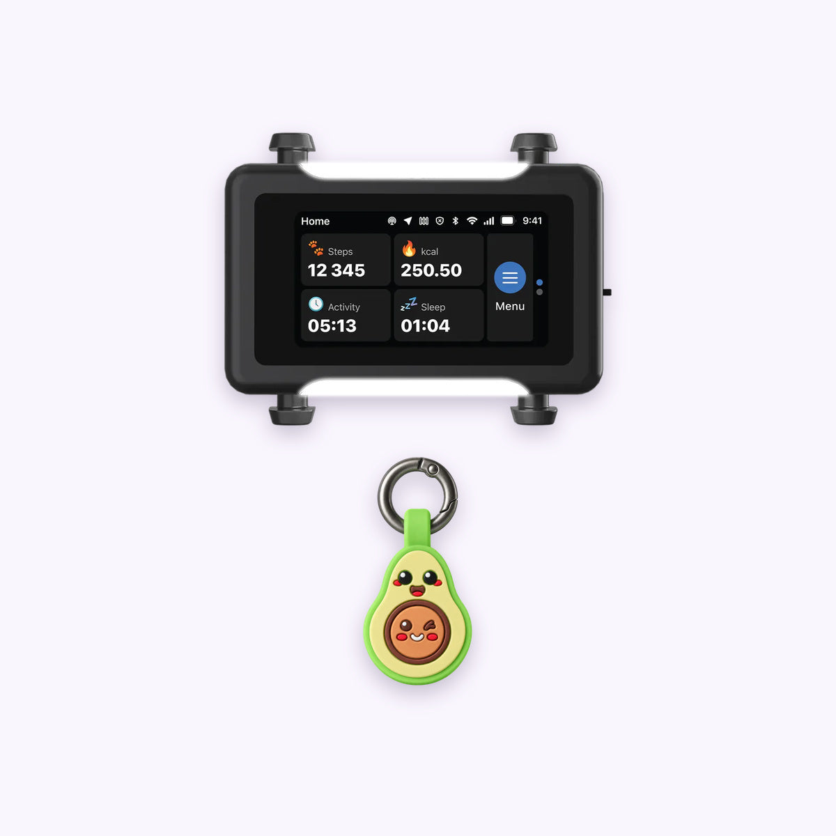 Track & Scan Bundle: The Avocado tag with the Black / Gold tracker on a pale lavender background