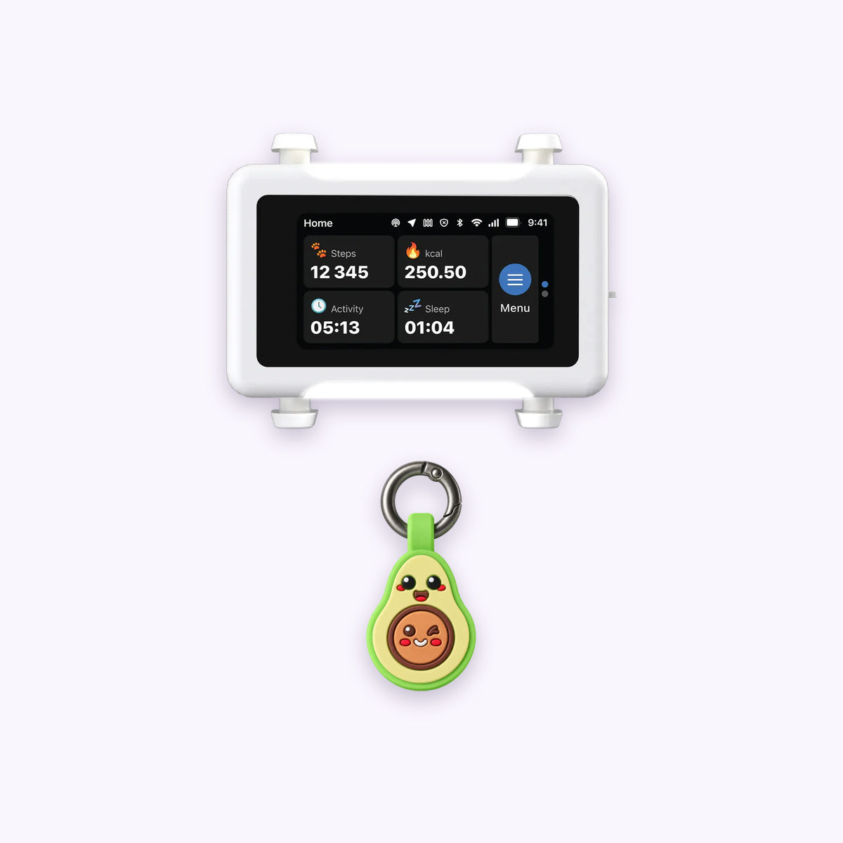 Avocado | Track & Scan Bundle: The Avocado tag with the White / Gold tracker on a pale lavender background