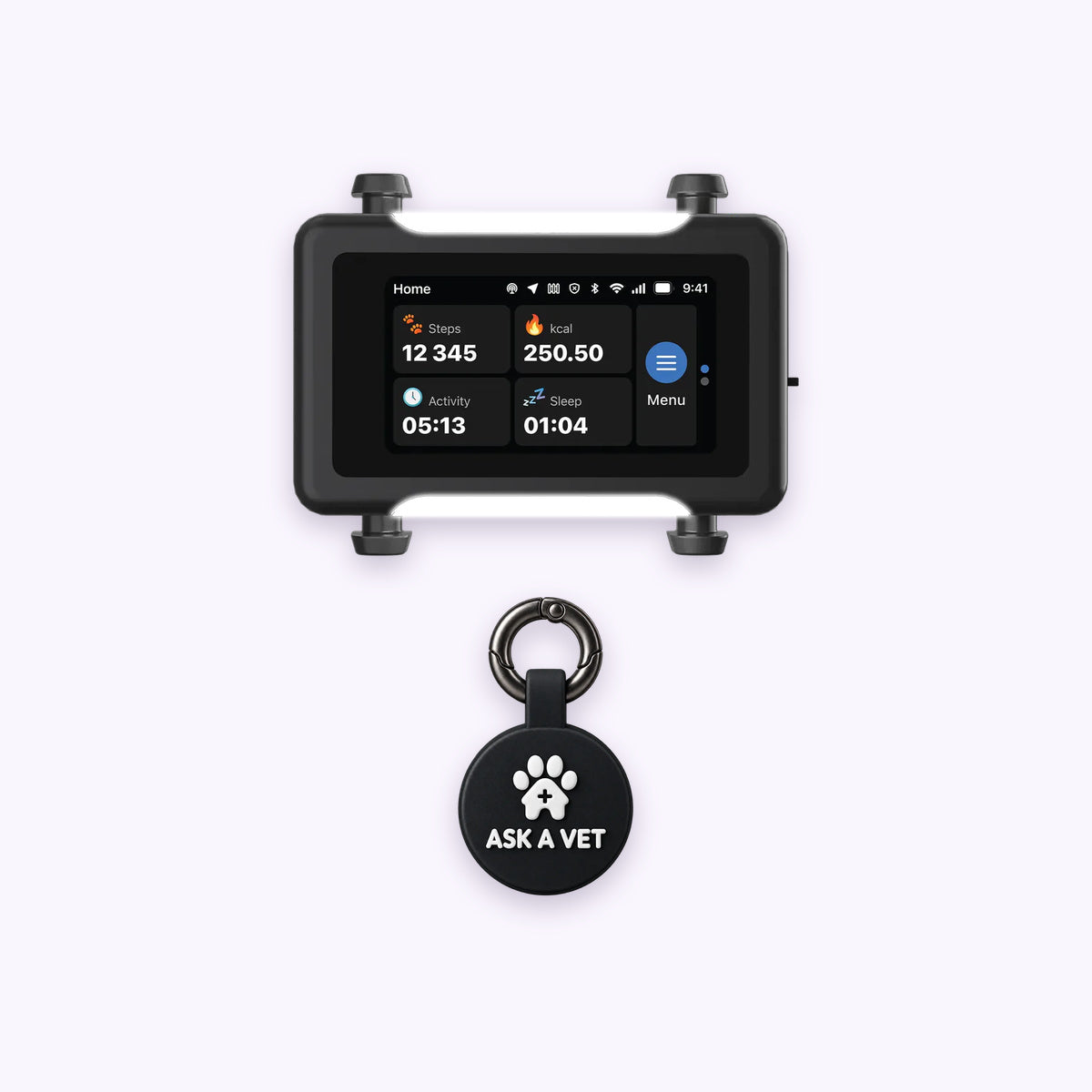 Black | Track & Scan Bundle: The Black tag with the Black / Gold tracker on a pale lavender background