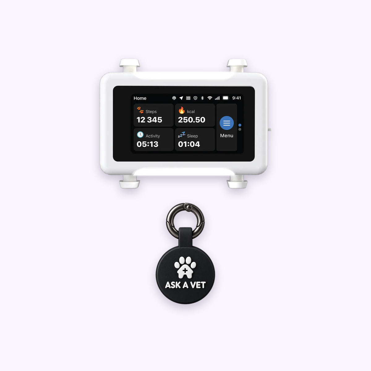 Black | Track & Scan Bundle: The Black tag with the White / Gold tracker on a pale lavender background