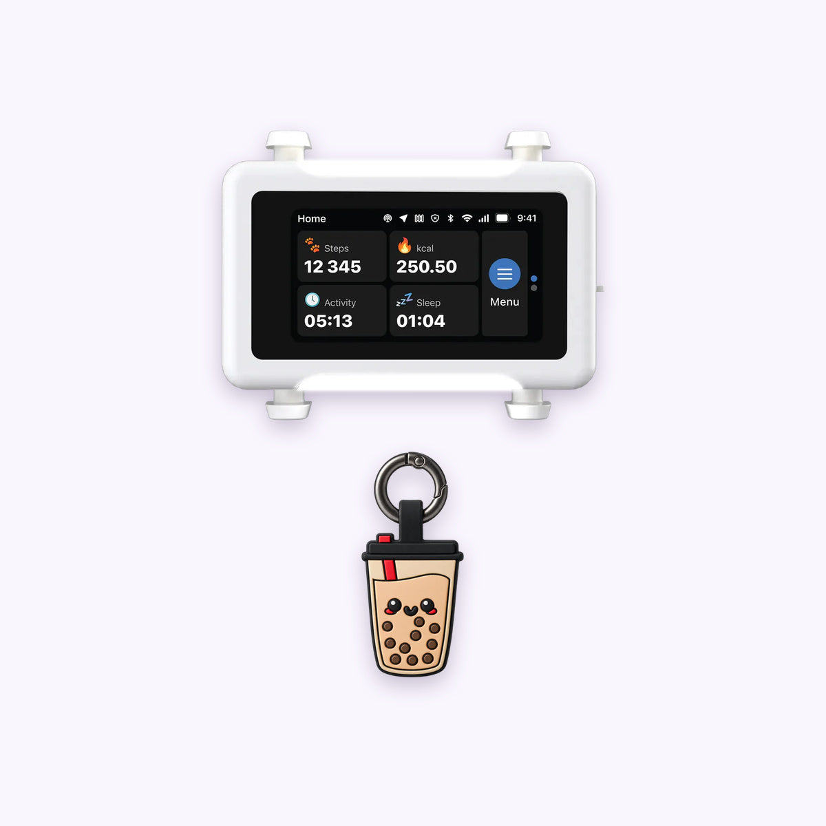Boba | Track & Scan Bundle: The Boba tag with the White / Gold tracker on a pale lavender background