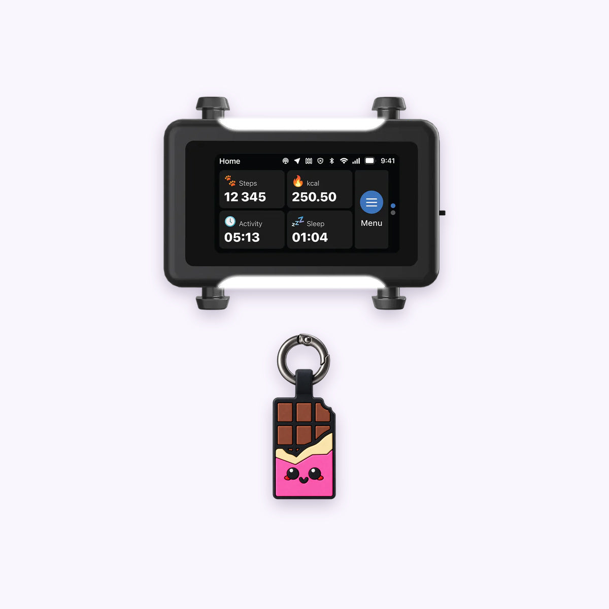 Chocolate Pink | Track & Scan Bundle: The Chocolate Pink tag with the Black / Gold tracker on a pale lavender background