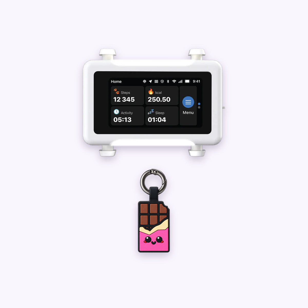Chocolate Pink | Track & Scan Bundle: The Chocolate Pink tag with the White / Gold tracker on a pale lavender background