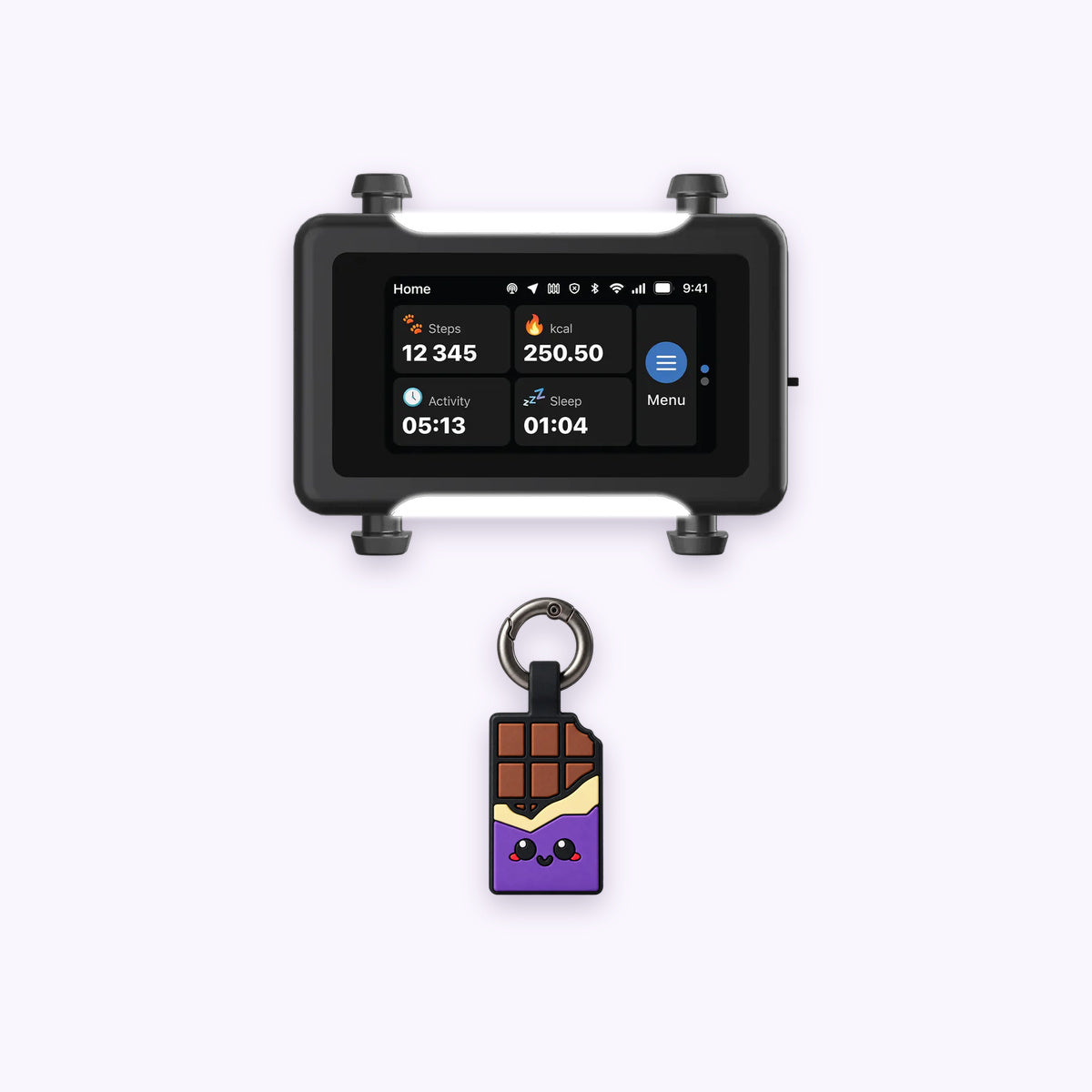 Chocolate Purple | Track & Scan Bundle: The Chocolate Purple tag with the Black / Gold tracker on a pale lavender background
