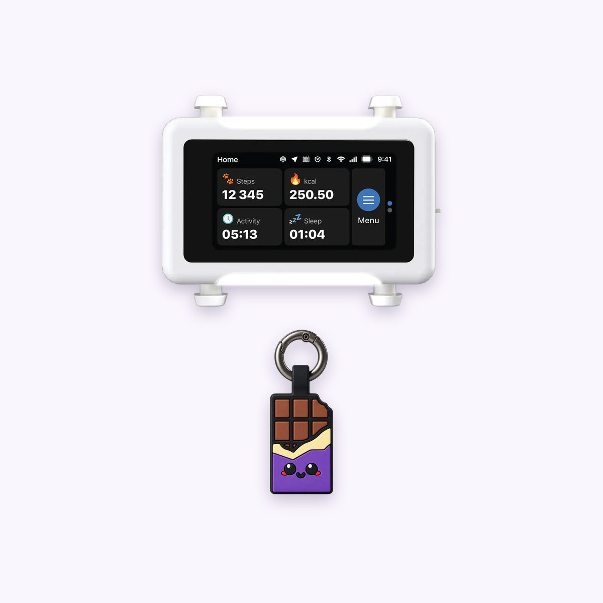 Chocolate Purple | Track & Scan Bundle: The Chocolate Purple tag with the White / Gold tracker on a pale lavender background