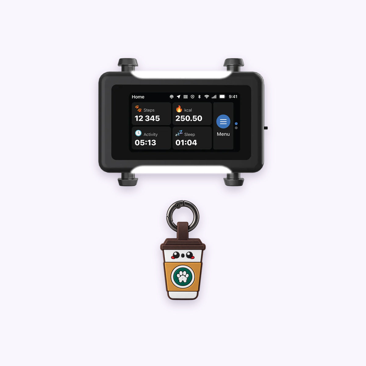 Coffee | Track & Scan Bundle: The Coffee tag with the Black / Gold tracker on a pale lavender background