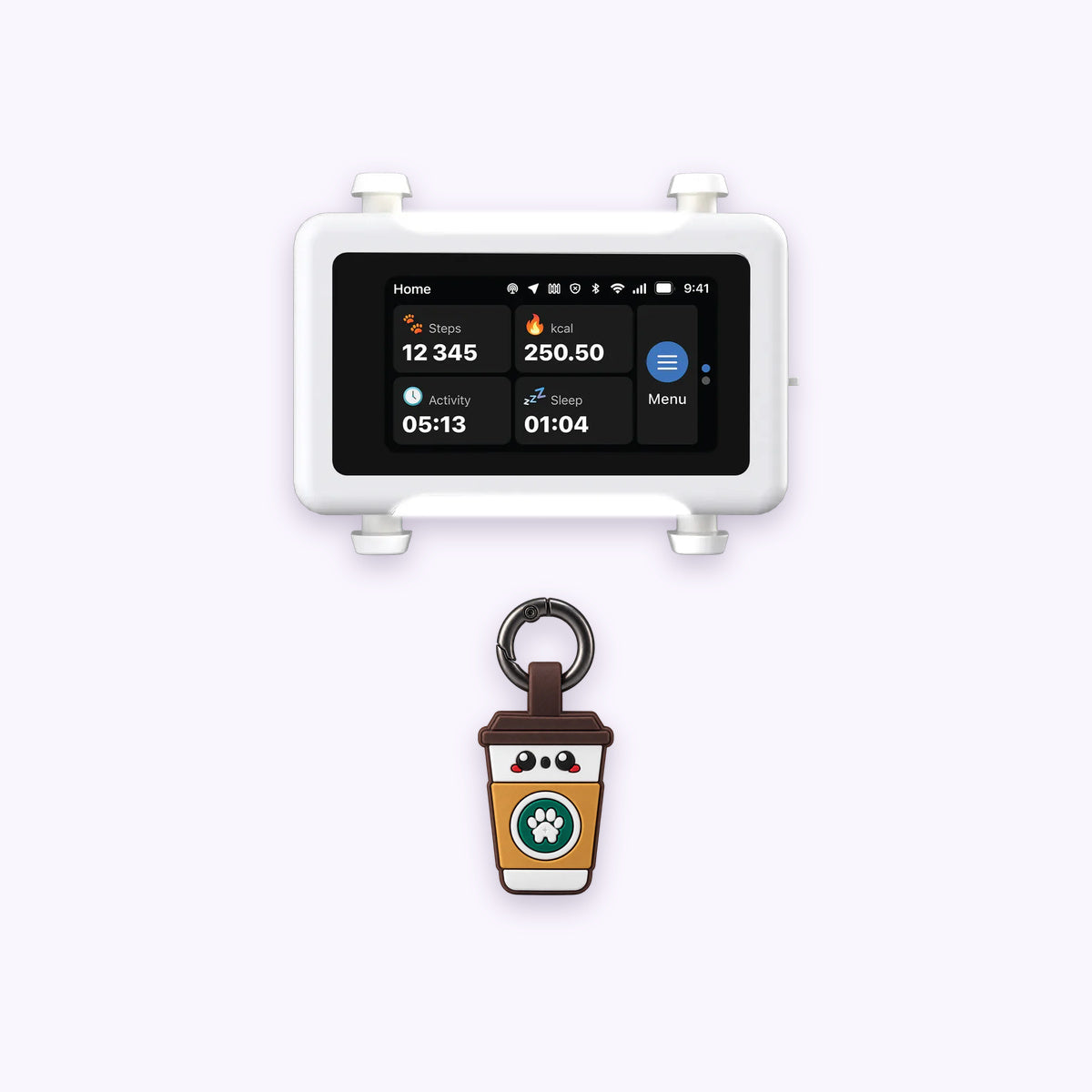 Coffee | Track & Scan Bundle: The Coffee tag with the White / Gold tracker on a pale lavender background