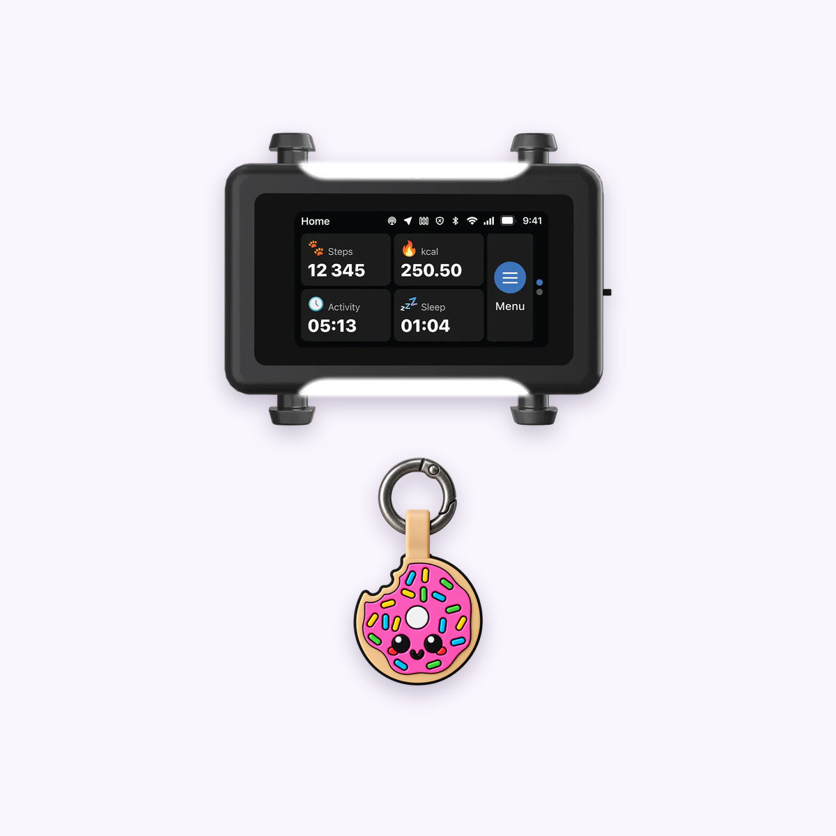 Donut | Track & Scan Bundle: The Donut tag with the Black / Gold tracker on a pale lavender background