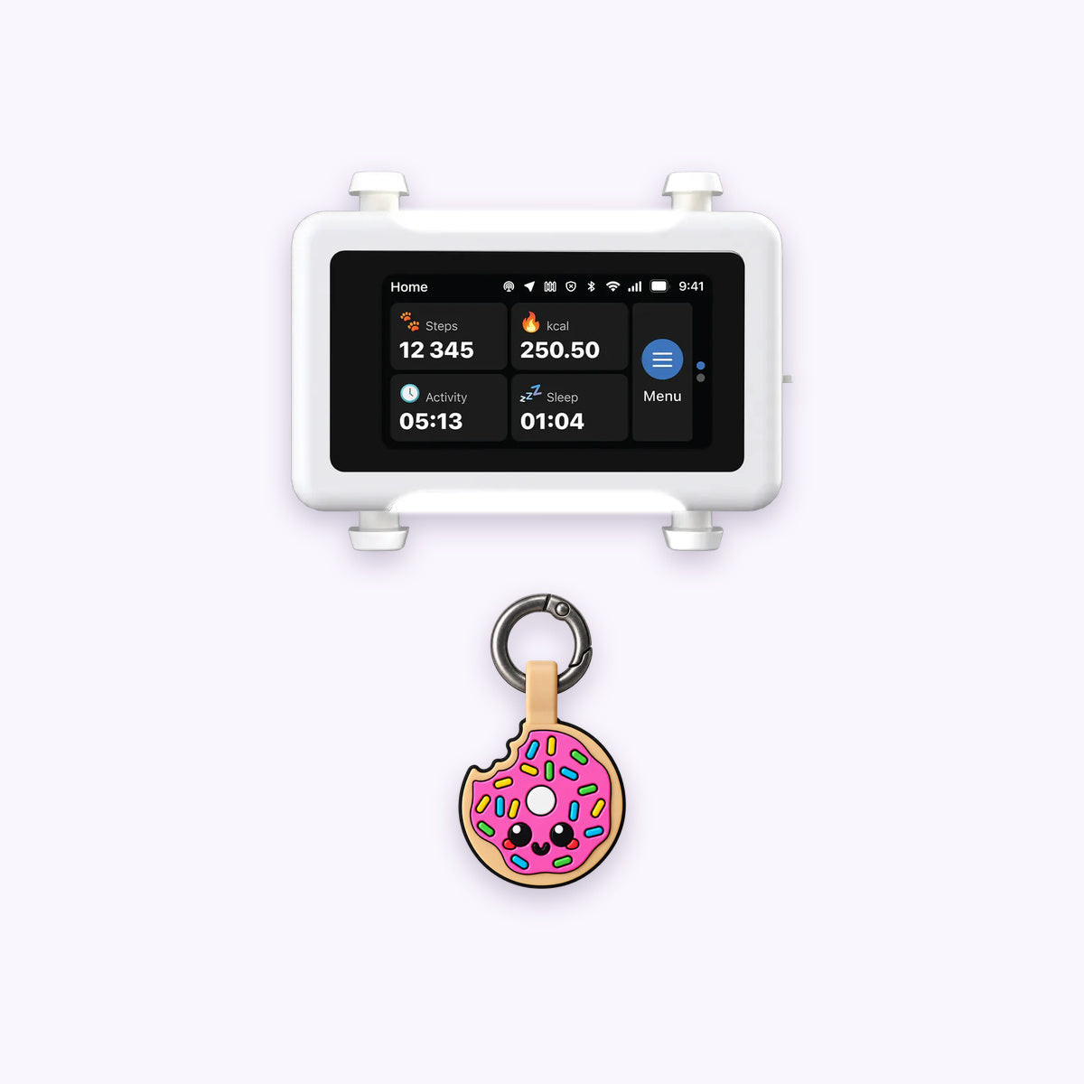Donut | Track & Scan Bundle: The Donut tag with the White / Gold tracker on a pale lavender background