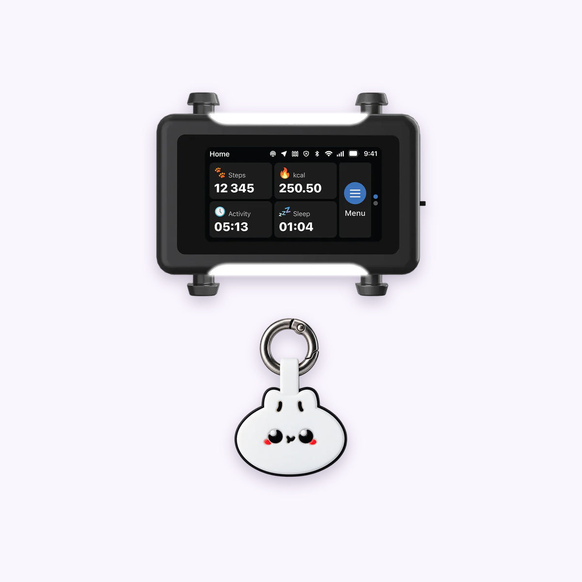 Dumpling | Track & Scan Bundle: The Dumpling tag with the Black / Gold tracker on a pale lavender background