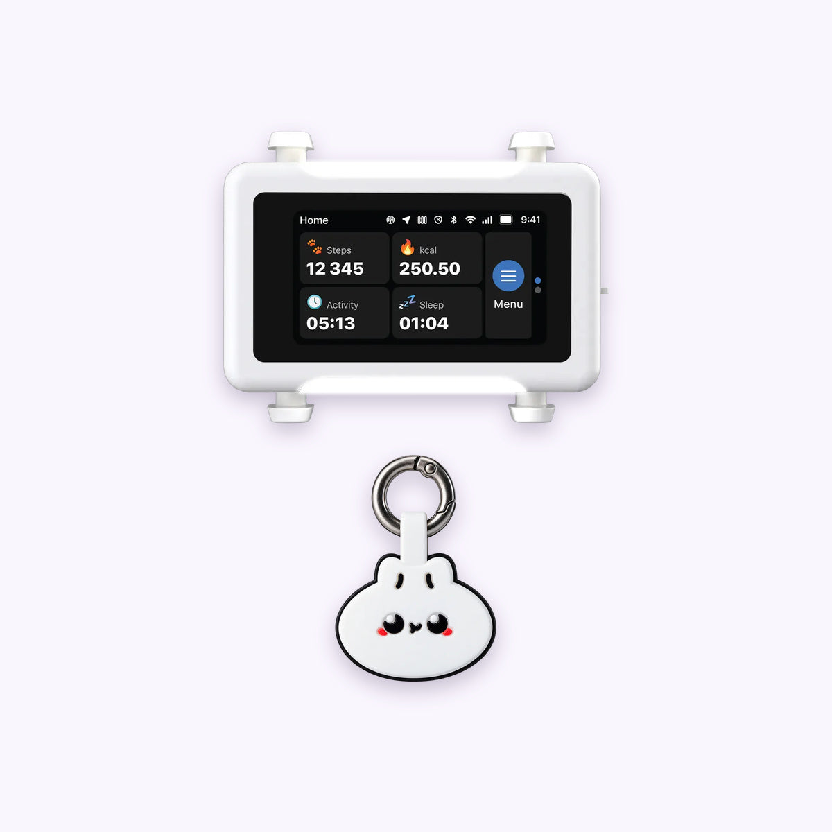 Dumpling | Track & Scan Bundle: The Dumpling tag with the White / Gold tracker on a pale lavender background