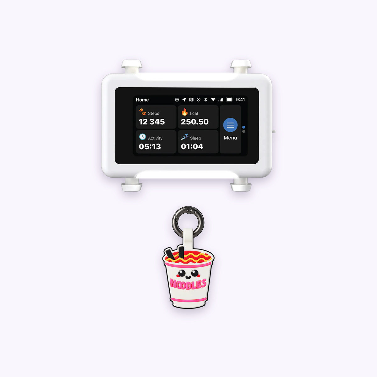 Ramen | Track & Scan Bundle: The Ramen tag with the White / Gold tracker on a pale lavender background