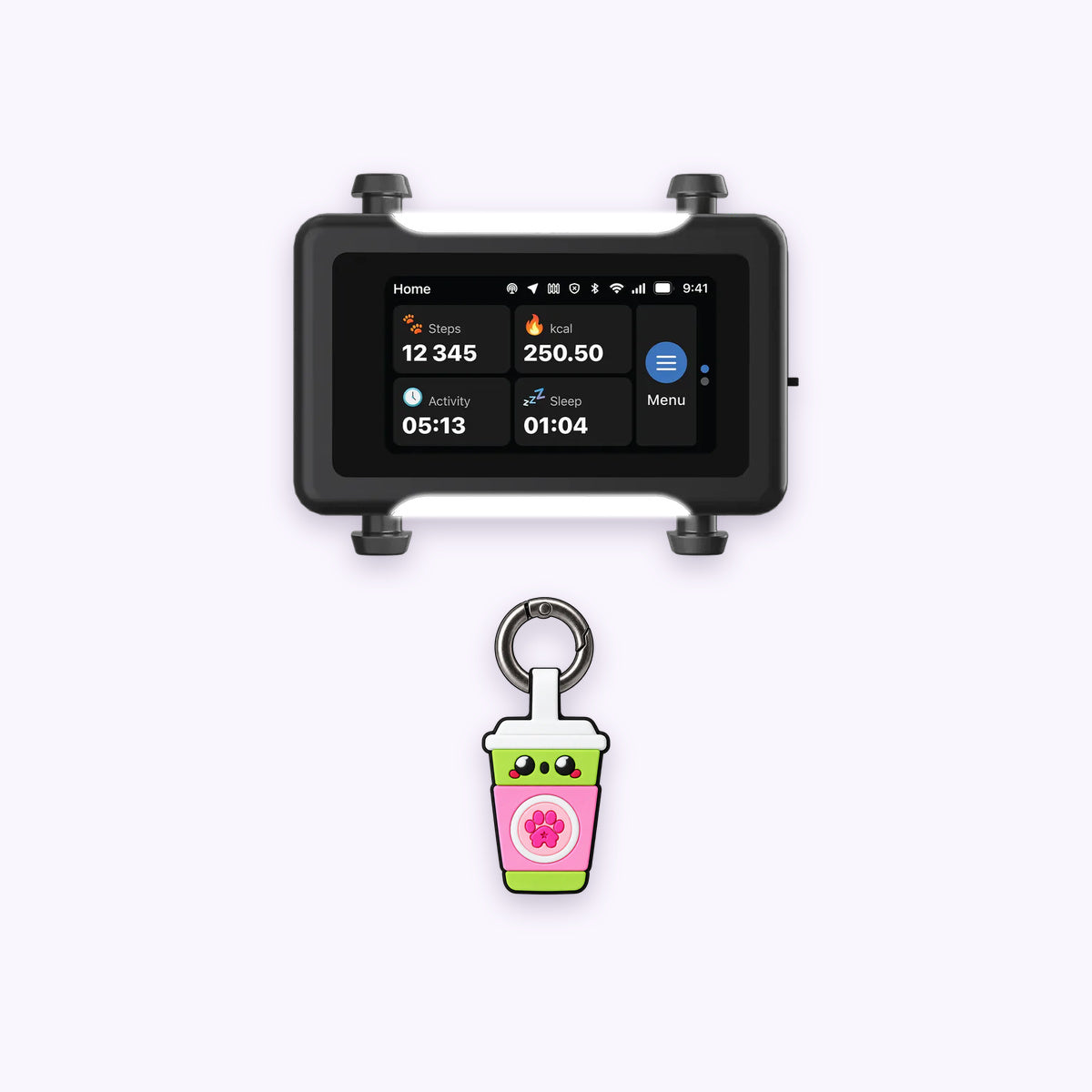 Sakura Matcha | Track & Scan Bundle: The Sakura Matcha tag with the Black / Gold tracker on a pale lavender background