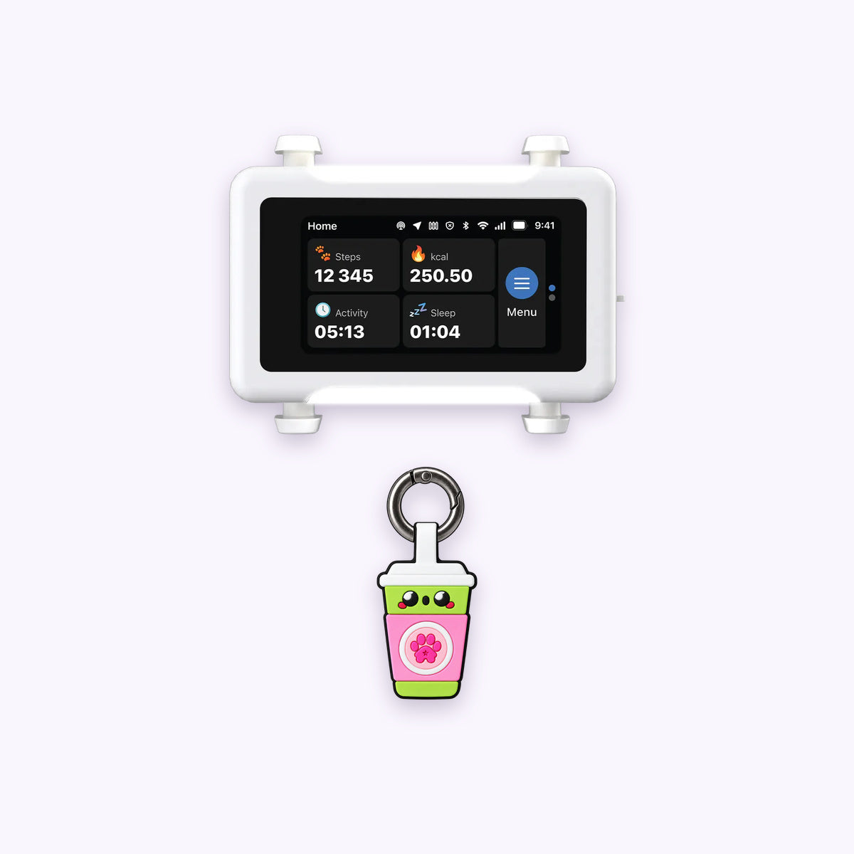 Sakura Matcha | Track & Scan Bundle: The Sakura Matcha tag with the White / Gold tracker on a pale lavender background