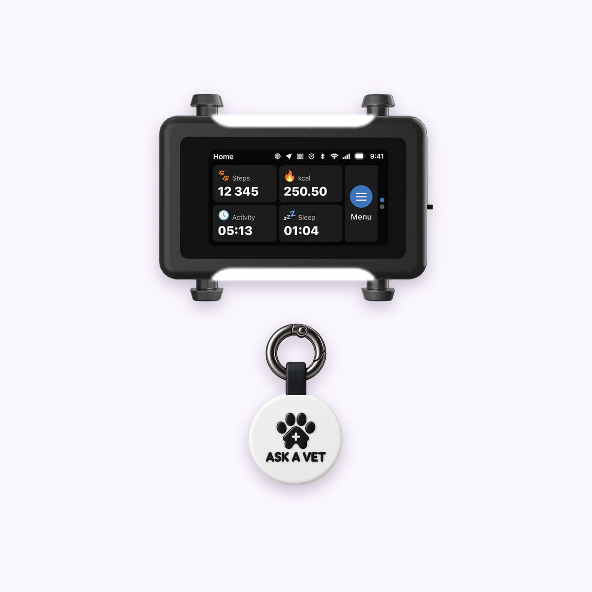 White | Track & Scan Bundle: The White tag with the Black / Gold tracker on a pale lavender background