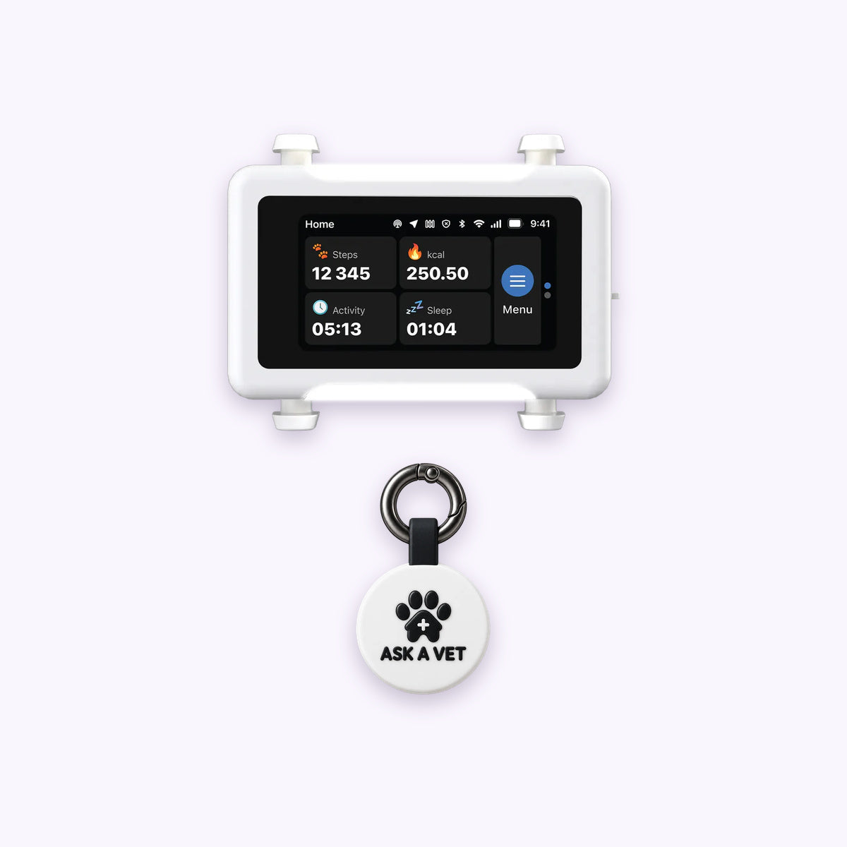 White | Track & Scan Bundle: The White tag with the White / Gold tracker on a pale lavender background