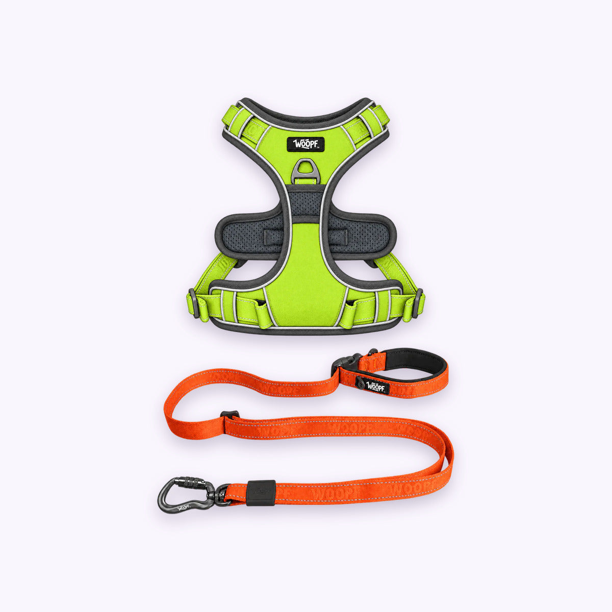 Green | Training Bundle: The Green Explorer Harness with the Orange Explorer Adjustable Leash on a pale lavender background