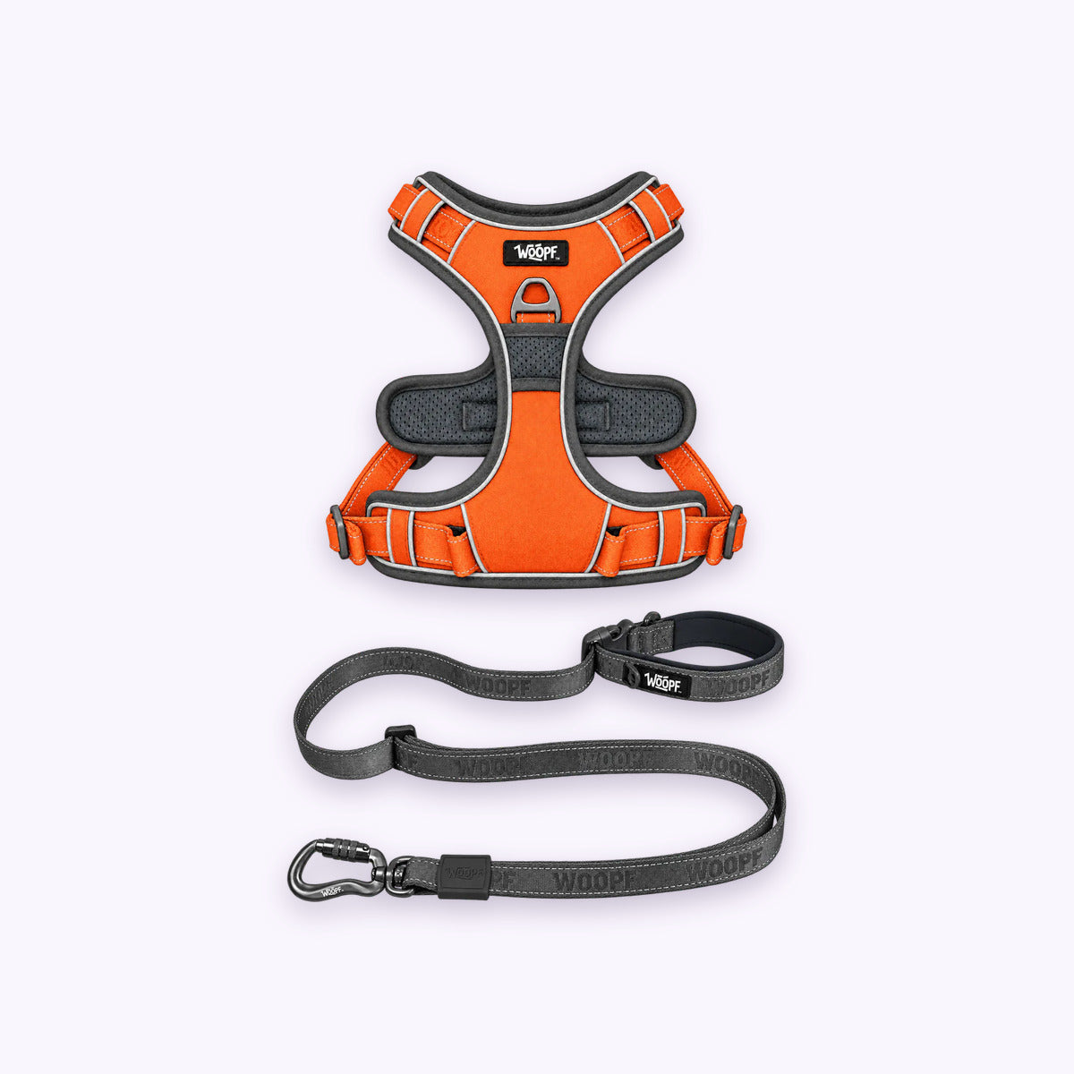 Orange | Training Bundle: The Orange Explorer Harness with the Grey Explorer Adjustable Leash on a pale lavender background