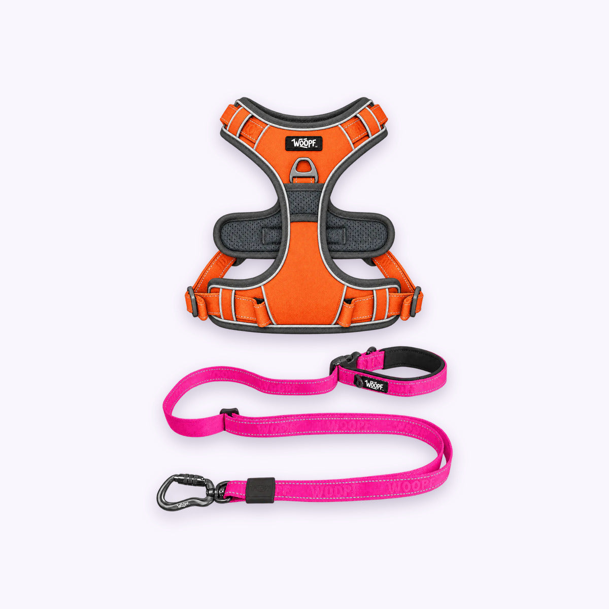 Orange | Training Bundle: The Orange Explorer Harness with the Pink Explorer Adjustable Leash on a pale lavender background