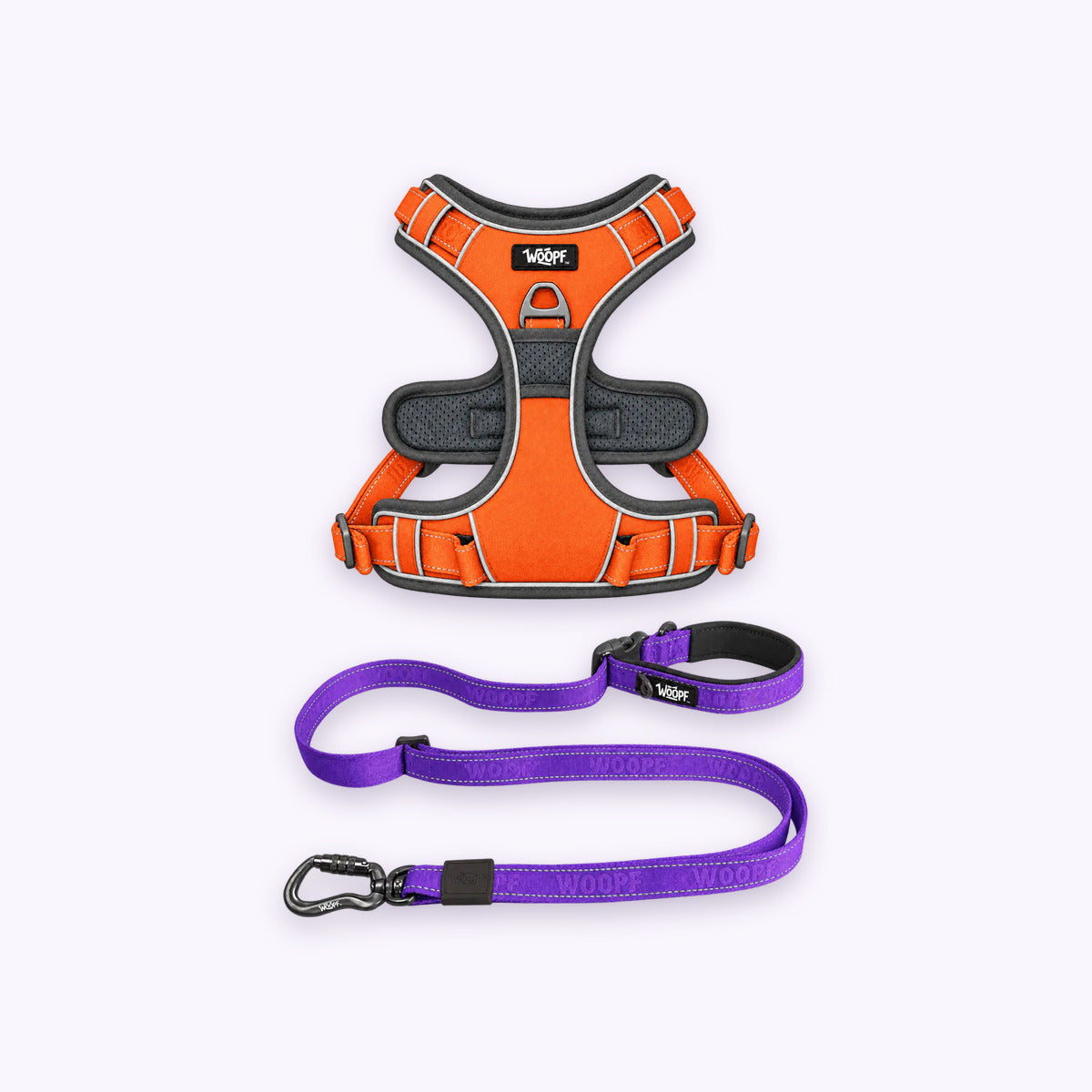 Orange | Training Bundle: The Orange Explorer Harness with the Purple Explorer Adjustable Leash on a pale lavender background