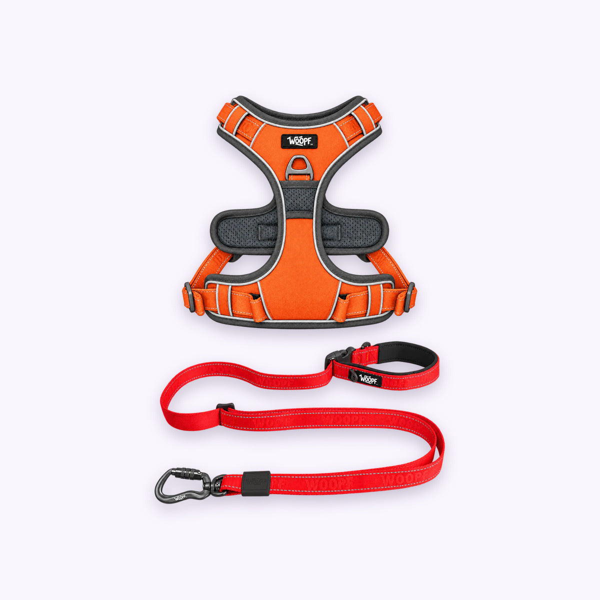 Orange | Training Bundle: The Orange Explorer Harness with the Red Explorer Adjustable Leash on a pale lavender background